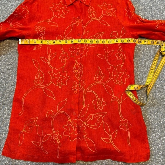Josephine Chaus Blouse Linen Embroidered Vibrant Orange Shirt Button Up Size 8 - Picture 12 of 13